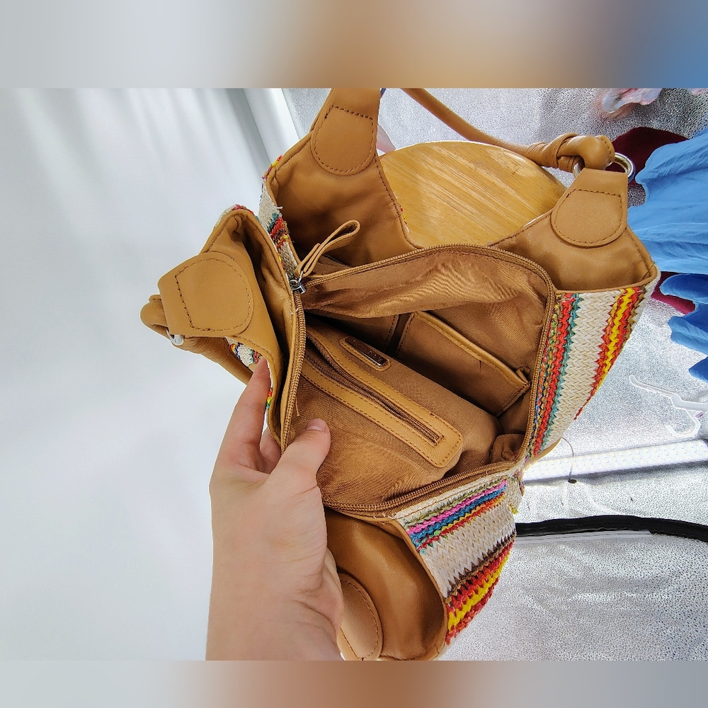 Rosetti Colorful Vibrant Striped Braided Shoulder Bag with Tan Accents - Picture 3 of 5
